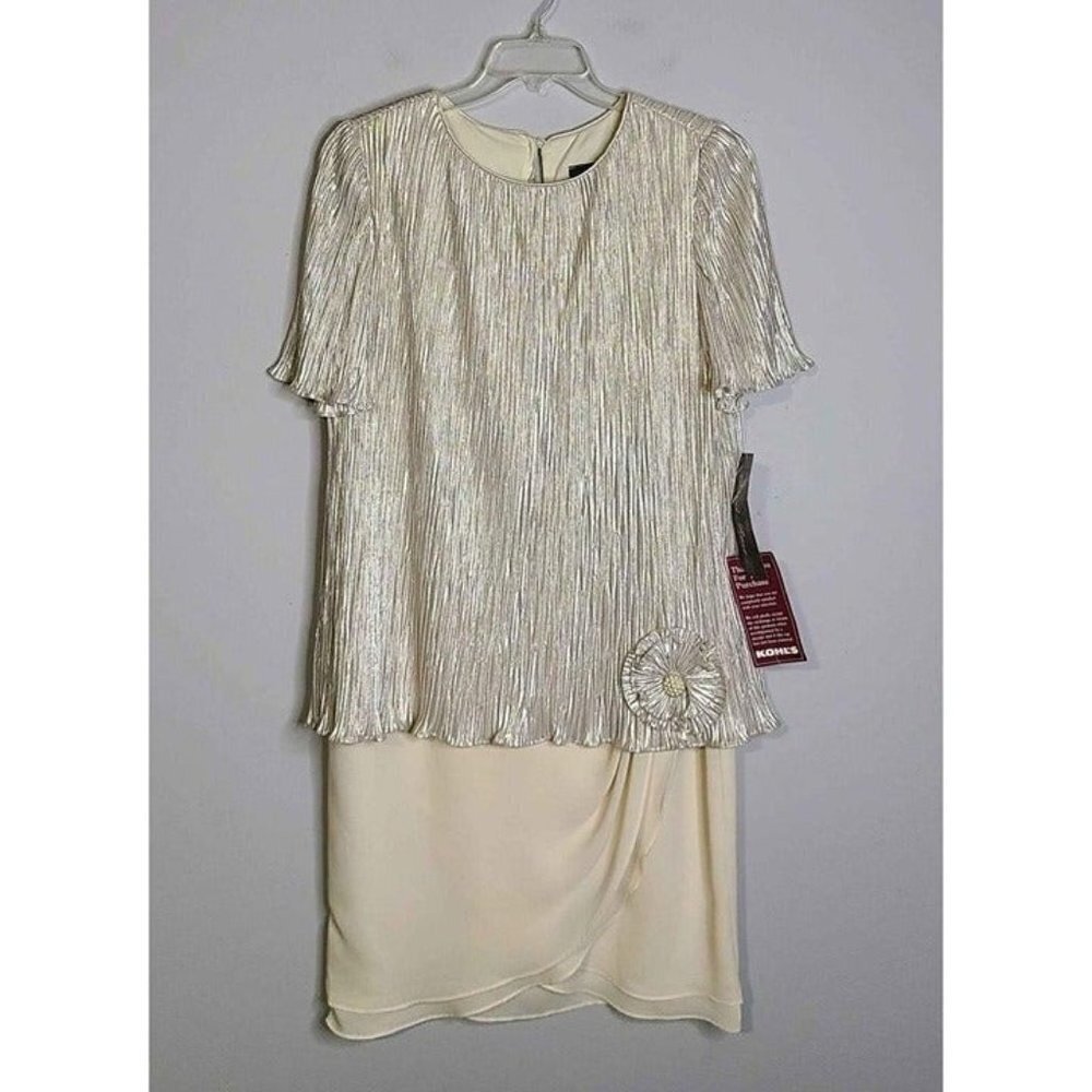 Vintage David Rose New Silver Ivory Overlay Dress Flower Detail Peek Bottom 14